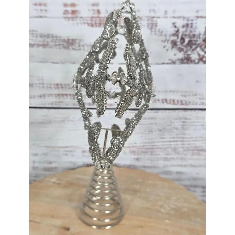 VTG Silver Beaded Metal Sparkle Star Snowflake Roud Tree Topper
